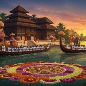A vibrant panoramic scene of Kottayam's traditional boat race during Onam, featuring three majestic snake boats (Chundan Vallams) gliding through Kerala's emerald backwaters, each adorned with 100+ rowers in pristine white mundus with golden borders. In the foreground, an elaborate Pookkalam (flower rangoli) made with vibrant marigolds, roses, and lotus in intricate Madhubani-inspired patterns. The background showcases a grand Kerala-style temple with copper-topped roof and intricate wooden architecture, illuminated by warm golden light. Traditional Theyyam performers in spectacular red and gold costumes with towering headgear perform near the temple steps. Floating oil lamps and jasmine garlands dot the waterfront. The sky features a dreamy sunset in deep orange and purple hues, with strings of festival lights creating a magical ambiance. The scene includes elephant processions with ceremonial parasols and golden caparisons for Ettumanoor temple festival. Art style merges photorealistic details with ethereal lighting and Pattachitra-inspired decorative elements, emphasizing rich golds, deep reds, and emerald greens. The overall composition captures the grandeur of Kerala's festival culture with a modern, cinematic quality.