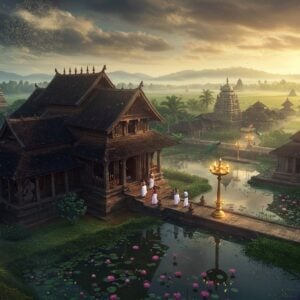 An ethereal aerial view of Kottayam's lush landscape at dawn, featuring multiple ancient temples with traditional Kerala architecture seamlessly integrated into the verdant surroundings. In the foreground, a majestic Ettukettu-style temple with copper-plated roof and intricate wooden carvings stands prominently, its reflection dancing on a sacred temple pond filled with pink lotus flowers. Golden light filters through morning mist, creating a mystical atmosphere. Traditional brass temple lamps (vilakku) line the pathway, their flames glowing warmly. A group of devotees in traditional Kerala attire (white mundu and kasavu saree) ascend the temple steps. The background showcases rolling hills with coconut palms, backwaters, and multiple temple spires (gopurams) rising above the canopy. The scene is rendered in a blend of Madhubani and digital art style, with rich colors of deep maroon, emerald green, and burnished gold. Intricate mandala patterns float in the misty air, while peacocks grace the temple courtyard. The lighting creates a divine ambiance with soft rays filtering through clouds, highlighting the architectural details and sacred atmosphere. Hyperrealistic quality with magical realism elements.
