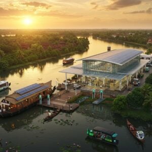 An aerial panoramic view of Kottayam's iconic landscape during golden hour, featuring traditional Kerala houseboats with modern solar panels gliding through emerald backwaters, alongside sleek electric water taxis. In the foreground, a modern electric bus station with glass and bamboo architecture, surrounded by lush rubber plantations and coconut groves. Traditional wooden snake boats transformed into eco-friendly water buses dock at a high-tech terminal. The scene includes modern electric auto-rickshaws with digital meters and charging stations integrated into traditional Kerala-style buildings with sloped terracotta roofs. Smart traffic signals blend seamlessly with ancient banyan trees. The lighting creates a magical interplay of sunset golden hues reflecting off solar panels and water surfaces, while maintaining the deep greens of the vegetation. Art style combines hyperrealistic digital rendering with traditional Kerala mural art elements in the details, featuring intricate kolam patterns in the architecture. The scene captures both the traditional charm and futuristic sustainable transportation vision, with floating lotus flowers and water lilies adding organic elements to the modern infrastructure.