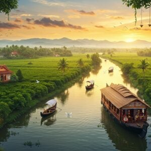 A stunning aerial view of Kottayam's iconic landscape, featuring emerald green rubber plantations stretching to the horizon, interwoven with silvery backwaters reflecting the golden sunset. In the foreground, a traditional Kerala-style wooden houseboat with intricate Madhubani-inspired carved details glides through tranquil waters, decorated with brass oil lamps and banana leaves. The scene transitions into spice plantations with cardamom and pepper vines climbing tall trees, their leaves detailed in rich Pattachitra style. The background showcases the majestic Western Ghats in ethereal pastel blues and purples, with mist rolling down their slopes. Ancient Syrian Christian churches with copper-gold domes peek through coconut groves, their architecture rendered in detailed Phad-style linework. The sky features a dreamy gradient of saffron to peacock blue, with stylized cloud patterns inspired by traditional Kerala mural art. Small fishing boats with traditional Chinese fishing nets dot the waterways, while elegant white cranes take flight. The scene is illuminated by a soft, otherworldly glow, creating a harmonious blend of traditional Kerala elements with modern digital art aesthetics, hyperrealistic details in the water reflections and foliage, 8k quality, cinematic lighting.
