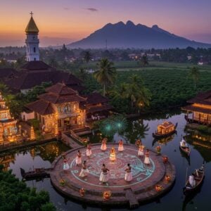 An aerial view of Kottayam's iconic landscape where traditional Kerala architecture meets modern development, featuring towering Syrian Christian churches with golden crosses alongside ancient Hindu temples with copper-plated roofs. In the foreground, a serene backwater scene with sleek houseboats adorned with LED lights gliding past lush rubber plantations. The scene is dotted with modern interpretations of traditional elements - illuminated kudumbvilakku (traditional lamps), carved wooden elephants, and intricate mural art in vibrant colors of deep red, forest green, and royal gold. A group of traditionally dressed people performing Margamkali dance in a modernized amphitheater, their costumes reflecting holographic patterns. The composition includes the distinctive twin peaks of Illikkal Kallu in the background, bathed in surreal purple twilight. The scene is rendered in a fusion of Pattachitra art style with contemporary digital aesthetics, featuring intricate patterns and cultural motifs flowing through the entire composition. Soft ambient lighting creates a mystical atmosphere, with golden hour sunlight filtering through coconut palms, creating dynamic shadows and highlighting the architectural details.