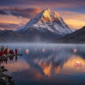 A serene panoramic view of Lake Manasarovar at dawn, with Mount Kailash's majestic peak reflecting in its crystal-clear waters. The sacred lake gleams with an ethereal blue glow, surrounded by snow-capped Himalayan peaks. In the foreground, a group of Indian pilgrims in traditional winter gear perform morning rituals, their silhouettes casting long shadows. Prayer flags in vibrant colors (red, blue, yellow, white, green) flutter in the mountain breeze. The scene features mystical elements like floating lotus flowers on the lake's surface, each emitting a soft golden light. The sky displays a dramatic blend of sunrise colors - deep purples, oranges, and golden hues, with wispy clouds creating mandala-like patterns. Sacred swans glide across the lake's surface, creating gentle ripples. Traditional Tibetan stupas dot the shoreline, their golden spires catching the morning light. The artwork style combines hyperrealistic landscape photography with ethereal, spiritual elements in the Madhubani-digital fusion style, emphasizing the lake's mirror-like surface and the majestic scale of Mount Kailash. The overall atmosphere conveys both the physical grandeur and spiritual significance of this sacred pilgrimage site.