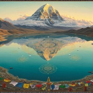 A serene aerial view of Lake Manasarovar with its pristine turquoise waters reflecting Mount Kailash's snow-capped peak in perfect symmetry, painted in traditional Madhubani art style with modern digital aesthetics. The sacred lake's surface features intricate mandala patterns in gold and saffron. Tibetan prayer flags flutter in the foreground, their vibrant colors (red, blue, yellow, white, and green) creating dynamic movement. The surrounding landscape shows the Himalayan terrain with detailed geometric patterns inspired by traditional Indian art. Soft, ethereal clouds swirl around Mount Kailash, creating a mystical atmosphere. The scene is illuminated by a warm, golden sunrise, casting long shadows across the landscape. Small groups of pilgrims in traditional Indian attire circumambulating the lake appear as detailed miniature figures. Sacred swans glide across the water's surface, creating ripples that form sacred geometric patterns. The color palette combines deep peacock blues, gold, saffron, and earthy browns, with hints of celestial purple in the sky. The entire scene is rendered in ultra-high-definition, photorealistic quality with surreal, spiritual undertones, emphasizing the lake's divine significance.