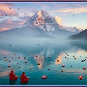 A serene aerial view of Lake Manasarovar at dawn, its pristine turquoise waters reflecting Mount Kailash's snow-capped peak like a mirror. The lake surface ripples with subtle golden light, creating mandala-like patterns. In the foreground, three Indian pilgrims in traditional winter wear perform ritual prayers, their hands folded in devotion. Floating lotus flowers and diyas dot the lake's surface, creating a trail of soft, glowing lights. The sky features ethereal clouds in pastel pinks and purples, with rays of divine light breaking through. Sacred Tibetan prayer flags flutter in the gentle breeze, their colors merging with the landscape. The scene incorporates elements of Madhubani art style in the border details, featuring intricate patterns of swans, lotuses, and geometric designs in deep indigo and gold. The overall atmosphere is mystical and tranquil, with a soft, dreamy haze enveloping the sacred landscape. The lighting is otherworldly, suggesting dawn's first light, with golden rays casting long shadows across the crystalline water.