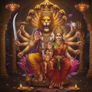 A majestic portrayal of Lord Narasimha with eight hands emerging from a golden pillar, his lion face fierce yet divine, adorned with ornate crown and jewelry. His main right hand protects young Prahlad while his left hand holds Hiranyakashipu on his lap. Other hands hold his divine weapons - Sudarshan Chakra, conch, mace, sword, shield, and lotus. Goddess Lakshmi sits peacefully on his left thigh, radiating golden aura, holding pink lotus flowers. The scene depicts a grand temple corridor with intricate Madhubani-style pillars and arches. Glowing mandalas float in the background emitting divine light. The color palette combines deep maroons, celestial blues, and radiant golds. Swirling ethereal energy and floating flower petals surround them. The lighting is dramatic with golden rays emerging from behind, creating a supernatural atmosphere. The art style merges traditional Hindu iconography with modern digital fantasy art, maintaining religious accuracy while appearing contemporary and magical.