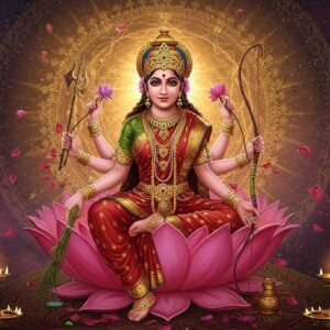 A mesmerizing portrayal of Goddess Lalita Tripura Sundari seated on a red lotus throne against a cosmic background filled with swirling golden mandalas and sacred Sri Yantra patterns. She has four arms - her upper right hand holding a flowery bow made of sugarcane, upper left hand holding five arrows made of flowers, lower right hand holding a noose, and lower left hand holding a goad. Her complexion is deep rose-pink like the rising sun, wearing a rich crimson silk saree with gold embroidery and adorned with divine ornaments including a crown studded with the crescent moon. Her three eyes radiate divine wisdom, and she wears a gentle, benevolent smile. The background features ethereal elements like floating lotus petals, subtle spiritual light rays in soft pink and gold hues, and intricate Madhubani-style patterns. The composition includes mystical elements like the fifteen-cornered Sri Chakra diagram subtly integrated into the background. The art style combines hyperrealistic digital rendering with traditional Indian artistic elements, creating a harmonious blend of classical iconography and contemporary aesthetic appeal.