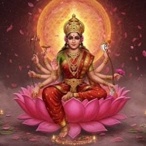 A divine portrayal of Goddess Lalita Tripura Sundari seated on a lotus throne made of rubies, wearing a resplendent red silk saree with gold embroidery. She has four arms - her upper right hand holding a sugarcane bow, upper left hand holding five arrows of flowers, lower right hand holding a noose of flowers, and lower left hand holding an ankusha (goad). Her face radiates divine beauty with a gentle smile, adorned with a crown studded with nav-ratnas (nine gems). Behind her is a large, intricate Sri Yantra glowing with golden light and emanating rays of pink and coral hues. The background features floating lotus petals and delicate mandalas in shades of deep red and gold. Ethereal mist surrounds her form, with small points of divine light scattered throughout. The scene is illuminated by a soft, warm glow, creating an atmosphere of spiritual transcendence. The art style combines traditional Tantric iconography with modern digital aesthetics, featuring rich textures and luminescent effects. The overall composition suggests both power and serenity, with subtle energy lines flowing through the composition in a sacred geometric pattern.
