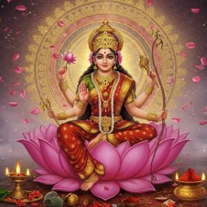 A mesmerizing portrait of Goddess Lalita Tripura Sundari seated on a crimson lotus throne, her divine form radiating with celestial beauty. She has three eyes, four arms holding sugarcane bow, flowered arrows, noose, and goad. Her complexion is the color of the rising sun, adorned in a resplendent red silk saree with gold patterns. She wears a crown studded with the crescent moon, her long black hair flowing with jasmine flowers. The background features an intricate Sri Chakra yantra glowing with golden light, surrounded by floating lotus petals and mystical energy swirls in shades of pink and gold. Ethereal mist in soft pastels surrounds her form. In the foreground, offerings of red hibiscus flowers, kumkum, and traditional artifacts create depth. The artwork combines Madhubani's detailed patterns with modern digital art techniques, emphasizing photorealistic textures in the jewelry and fabric. Divine light emanates from her form, creating a spiritual atmosphere. The composition maintains religious accuracy while presenting a contemporary aesthetic appeal.