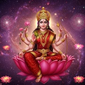 A breathtaking portrait of Goddess Lalita Tripura Sundari seated on a red lotus throne against a cosmic background filled with swirling galaxies in shades of deep purple and gold. She has three eyes and four arms, wearing a magnificent crown adorned with crescent moon. In her hands she holds a sugarcane bow, five flowered arrows, a noose, and a goad. Her form is ethereal, draped in a resplendent red silk saree with golden border, adorned with elaborate gold jewelry including necklaces, bangles, and anklets. Her skin has a soft rose-gold glow. The backdrop features intricate Sri Yantra geometric patterns floating in space, emanating divine light. Surrounding her are smaller floating lotus flowers in pink and gold, with delicate light particles and mystical energy streams. The composition combines traditional Tantric iconography with modern digital art aesthetics, using a color palette of deep reds, royal purples, cosmic blues, and metallic golds. The lighting creates a divine aura around her form, suggesting transcendental beauty and supreme consciousness. Madhubani-inspired patterns and motifs subtly blend into the cosmic background. The overall scene conveys divine feminine energy, supreme beauty, and cosmic power.