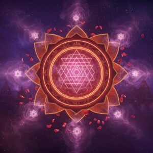 Highly detailed digital illustration of the sacred Lalita Tripura Sundari Yantra floating in ethereal space, rendered in luminous gold and deep crimson lines against a cosmic background of deep purple and indigo. The yantra emanates a soft, divine pink glow, with intricate Sanskrit bindu points precisely placed at sacred intersections. Surrounding the central yantra are nine gracefully arranged lotus petals in metallic rose gold, each containing miniature Sri Chakras. Swirling energy patterns of saffron and pearl white light spiral outward from the center, while delicate flower petals in shades of red and pink float mysteriously in the space around it. Small glowing orbs of divine light dance around the yantra's periphery. The scene is enhanced with subtle smoke effects in shades of pink and gold, creating a mystical atmosphere. In the background, faint geometric patterns inspired by traditional Indian temple architecture fade into the cosmic void. The overall composition should blend sacred geometry with modern digital art techniques, maintaining both spiritual authenticity and contemporary appeal. Hyperrealistic rendering with strong attention to metallic textures and light effects.