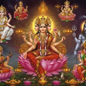 A mesmerizing cosmic scene featuring Lalita Tripura Sundari as the central figure, seated on a divine red lotus throne, with three faces glowing in golden light, adorned in a brilliant red silk saree with gold embellishments. She has four arms holding ankusha, pasha, sugarcane bow, and pushpa bana. Behind her, a geometrical Sri Yantra radiates golden light. To her right, Lord Shiva in meditation pose, ash-covered body, crescent moon in matted locks, holding trishul and damaru. To her left, Goddess Parvati in emerald green saree with gold border, holding lotus and mirror. Above, Goddess Saraswati in pure white seated on swan, veena in hand, and Lord Ganesha with modaka in hand, riding his mouse. Below, Goddess Lakshmi on pink lotus, gold coins flowing from hands. Scene has ethereal quality with soft misty elements, floating lotus petals, and swirling mandalas. Background features intricate Madhubani patterns in deep maroon and gold. Lighting is divine with soft golden glow emanating from deities. Art style combines hyperrealistic digital rendering with traditional Indian art motifs.