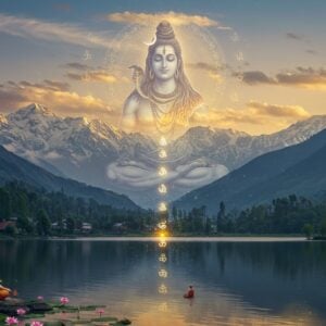 A serene Kashmiri valley landscape at dawn with snow-capped Himalayan peaks in the background, dominated by a large, translucent ethereal figure of Lord Shiva in deep meditation pose floating above. Shiva appears in his Kashmir Shaivism form - peaceful, with three eyes glowing with divine light, wearing a crescent moon, with the Ganges flowing from his matted locks. Multiple translucent layers showing the evolution of consciousness - from bound to liberated state - depicted as concentric mandalas in rich gold and deep blue hues. Sacred Sanskrit symbols of Kashmir Shaivism float in spiral patterns. The foreground features a crystal-clear mountain lake reflecting the entire scene, with lotus flowers emanating soft white light. Dharmic patterns and Kashmir valley's traditional motifs blend into the composition. Art style combines hyperrealistic digital painting with traditional Kashmiri art elements. The lighting is mystical with golden rays piercing through clouds, creating a divine atmosphere. Several small figures in meditation poses sit by the lakeside, symbolizing spiritual seekers.