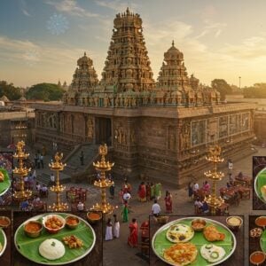 A grand aerial view of a majestic South Indian temple complex with distinctive Dravidian architecture, featuring ornate golden gopurams decorated with intricate carvings of Lord Venkatachalapathy. In the foreground, a bustling modern street market with traditional brass lamps and contemporary LED lighting creating a magical ambiance. Multiple food stalls displaying traditional South Indian dishes on banana leaves - steaming idlis, crispy dosas, colorful temple prasadam, and aromatic filter coffee in traditional brass tumblers. Indian families in modern clothing mixed with traditional attire exploring the market. The scene is enhanced with a warm golden hour lighting, with sunbeams filtering through the temple towers. Modern glass-fronted restaurants with traditional motifs seamlessly blend with ancient architecture. Floating mandalas and kolam patterns in glowing neon colors add a futuristic touch. The color palette focuses on deep maroons, burnished golds, and peacock blues, with modern holographic elements. Style combines traditional Pattachitra art techniques with sleek digital aesthetics, creating a harmonious blend of ancient and future.