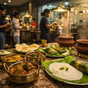 A bustling traditional Kerala street food scene in warm evening light, featuring a detailed marble-topped table in the foreground laden with authentic dishes - golden-brown beef curry in traditional brass serving bowls, steaming appam on banana leaves, pearl-white karimeen pollichathu wrapped in banana leaves with curry leaves scattered around, and ruby-red fish curry in clay pots. The scene extends to show modern glass-fronted restaurants with warm lighting in the background, while traditional thattukadas (street food stalls) with brass hanging lamps emit a golden glow. Indian women in modern casual wear and Kerala mundus examine the food, their expressions showing delight. The atmosphere combines traditional elements like brass vessels and banana leaves with contemporary styling, captured in a photorealistic style with rich, warm colors. Aromatic steam rises from the dishes, creating a dreamy effect. The lighting is cinematic with golden hour warmth, highlighting the textures of the food. The scene includes subtle Madhubani-style decorative elements in the background architecture, while maintaining a modern documentary photography aesthetic.
