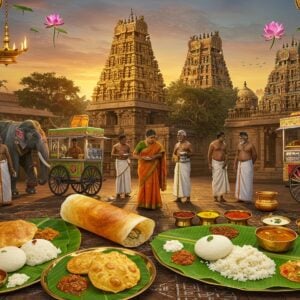 A bustling traditional South Indian street scene near an ornate Dravidian-style temple, with golden Vimana visible in background, illuminated by warm sunset light. In foreground, a detailed spread of authentic Tamil cuisine on banana leaves - steaming idlis, crispy dosas, colorful chutneys, and aromatic sambar in traditional brass vessels. Street vendors in traditional attire serving food from modern food carts decorated with intricate Kolam patterns. Temple elephants blessed with vermillion and turmeric walking past modern cafes. Atmosphere combines modern steel-and-glass buildings with heritage architecture. Scene captured in rich, vibrant colors - deep turmeric yellows, banana leaf greens, and temple-stone greys. Integration of traditional Tanjore painting style with contemporary digital art techniques, featuring characteristic gold leaf effects and gem-like embellishments. Floating lotus flowers and mandala patterns frame the scene. Soft ethereal lighting with god rays filtering through temple towers, creating a mystical yet contemporary atmosphere. Style should be photorealistic with magical realism elements, maintaining cultural authenticity while showcasing modern evolution.