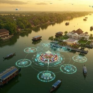 A stunning aerial view of Alappuzha's backwaters at golden hour, with traditional Kerala houseboats transformed into modern sustainable vessels with solar panels. In the foreground, a detailed 3D holographic projection rises from the water, showing interconnected circular mandalas representing different panchayats, with the district administrative building at the center. The scene features a blend of traditional Kerala architecture with futuristic elements - smart streetlights lined with solar panels, vertical gardens on building walls, and eco-friendly waste management systems. Local citizens in modern interpretations of traditional Kerala attire are seen participating in a town hall meeting in an open-air amphitheater surrounded by coconut trees. The color palette combines deep greens of the backwaters, warm golden sunlight, and metallic blue accents of future tech elements. The scene is rendered in a style mixing digital art with traditional Keralan mural art patterns, featuring intricate borders and motifs. Small drone-like devices hover above, monitoring water quality and traffic, while a network of light trails connects different community centers. The overall composition suggests harmony between tradition, technology, and community governance.
