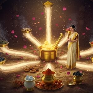 A mystical Indian Ayurvedic laboratory setting with a central golden mortar and pestle containing glowing Loha Guggulu tablets, surrounded by five flowing streams of Panchamrita (milk, yogurt, ghee, honey, and sugar) in swirling, ethereal patterns. The streams form an intricate mandala pattern in soft pastel colors. Traditional brass vessels containing raw ingredients like guggul resin, iron powder, and herbs are arranged in a circular pattern. An Indian female Ayurvedic practitioner in elegant cream silk saree with gold border is gracefully grinding medicines. The scene is illuminated by warm, golden light with floating lotus petals. Detailed Madhubani-style patterns decorate the background walls in deep maroon and peacock blue. Small particles of iron sparkle like stars in the atmosphere. The overall composition suggests transformation and healing, with subtle smoke wisps carrying traditional medicinal herbs. Hyper-realistic digital art style with magical realism elements.