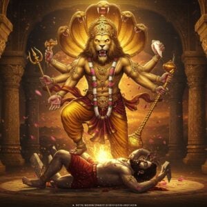 A majestic half-man half-lion deity Lord Narasimha emerging from a shattered golden pillar, with four powerful arms - right upper hand holding the Sudarshan Chakra, right lower hand holding a conch shell, left upper hand wielding a mace, and left lower hand tearing apart the demon Hiranyakashipu. The deity's face shows fierce determination with glowing eyes, a magnificent mane, and ornate crown. His muscular body adorned with traditional gold ornaments and vaijayanti garland. The scene is set in an opulent palace courtyard at dusk, with intricate Madhubani-style patterns on pillars. Emanating divine golden aura with floating lotus petals. The background features mystical mandalas and swirling energy patterns in deep saffron and celestial blue. Hiranyakashipu shown in dark colors to contrast with Narasimha's divine radiance. The composition captures the exact moment of divine intervention - neither day nor night, neither inside nor outside, neither on earth nor in air. Hyperrealistic digital art style with dramatic lighting and rich textures, maintaining religious accuracy while appearing contemporary.