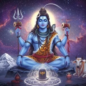 A majestic portrait of Lord Shiva in his cosmic form, seated in Padmasana on Mount Kailash, radiating intense blue-white energy. His four arms hold the trishul (trident) in upper right hand, damru (drum) in upper left hand, rudraksha mala in lower right hand, and lower left hand in abhaya mudra. His serene face shows three eyes with the third eye emanating golden rays, crescent moon adorning his matted locks with the sacred Ganga flowing through. Around him, the cosmic dance of destruction and creation unfolds with swirling galaxies and nebulas in deep purples and blues. Sacred Mount Kailash appears in crystalline white against a supernatural sky. His body is adorned with vibhuti (sacred ash), snake around his neck, and tiger skin around his waist. In the foreground, a translucent lotus mandala pattern pulses with divine energy. Nandi, his faithful bull, sits in reverence nearby. The scene combines hyperrealistic digital art with traditional Indian Madhubani patterns in the background. Soft ethereal lighting emphasizes Shiva's divine aura, while darker tones in the cosmic elements create dramatic contrast. The overall composition suggests both destruction and renewal, power and peace.