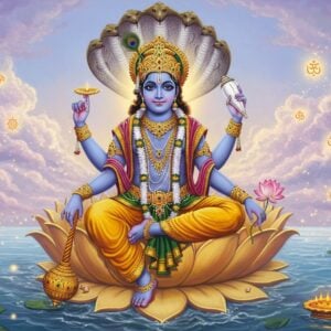 A majestic, ethereal portrayal of Lord Vishnu in his divine form, seated in padmasana on a thousand-petaled golden lotus floating on the cosmic ocean. He has four arms - upper right holding the Sudarshan Chakra glowing with divine energy, upper left holding the white conch Panchajanya, lower right holding the golden mace Kaumodaki, and lower left holding a blooming pink lotus. His skin is deep cosmic blue, adorned in rich yellow pitambara silk dhoti with intricate gold patterns. He wears the Kaustubha gem on his chest, radiating rainbow light, and a crown adorned with precious stones. The sacred thread crosses his chest, and multiple necklaces and armlets of gold and gems adorn him. Shesha, the divine serpent with seven hoods, forms a protective canopy above. His face is serene with almond-shaped eyes and a gentle smile. The background features soft, ethereal clouds in pastel purples and blues, with floating Vaishnava symbols like the sankha, chakra, and padma rendered in golden light. The scene is illuminated by a divine aura, with small particles of golden light scattered throughout. Art style combines traditional Indian temple art with modern digital fantasy aesthetics, emphasizing photorealistic details and magical lighting effects.