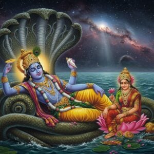 A majestic scene depicting Lord Vishnu in deep cosmic sleep, reclining on the coils of the divine serpent Shesha (Ananta) with 1000 cobra hoods forming a protective canopy above. Lord Vishnu has four arms - upper right hand holding the Sudarshan Chakra, upper left hand holding the conch shell, lower right hand holding the mace, and lower left hand in a relaxed position. He wears rich golden pitambara vastra, adorned with precious jewels and a magnificent crown. His complexion is deep blue like rain-bearing clouds. The cosmic ocean Ksheer Sagar sparkles with ethereal light in shades of deep blue and turquoise. From Lord Vishnu's navel emerges a golden lotus stem bearing Lord Brahma. Goddess Lakshmi sits at His feet, gently massaging them. The scene is surrounded by soft, glowing orbs of divine light and floating lotus petals. The art style merges traditional Indian Thanjavur painting techniques with modern digital aesthetics, featuring rich gold leaf effects, deep jewel tones, and intricate patterns. Surreal cosmic elements like distant galaxies and nebulae add depth to the celestial scene. The lighting is dramatic with divine rays emanating from Lord Vishnu's form, creating a serene yet powerful atmosphere.