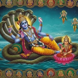 A majestic Lord Vishnu reclining on the cosmic serpent Shesha with seven hoods, floating in a vast cosmic ocean of deep blue and turquoise. His four arms hold his divine attributes - the Sudarshan Chakra in upper right hand, the Panchajanya conch in upper left hand, the lotus flower in lower left hand, and the golden mace Kaumodaki in lower right hand. He wears a golden pitambara dhoti, elaborate crown with precious gems, and rich ornaments. His skin is deep blue like rain-clouds, with a serene expression and third eye. Goddess Lakshmi sits at his feet, dressed in red silk with gold embellishments. From his navel emerges a golden lotus stem bearing Lord Brahma. The scene is surrounded by intricate Madhubani-style borders with peacock motifs and geometric patterns in gold. Soft ethereal light emanates from his form, creating a divine aura. Small vignettes in circular mandalas float around showing his ten avatars. The art style combines hyperrealistic rendering with traditional Indian aesthetic elements, rich jewel tones, and subtle golden accents, creating a modern yet culturally authentic representation.