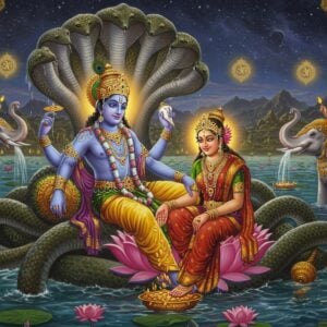 A serene and majestic scene depicting Lord Vishnu reclining on the coils of the divine serpent Shesha Naga in the cosmic ocean of milk (Kshira Sagara). Lord Vishnu has four arms - holding the Sudarshana Chakra in upper right hand, Panchajanya conch in upper left, lotus flower in lower right, and mace (Gada) in lower left. His skin is depicted in a deep cosmic blue tone, wearing golden pitambara and adorned with Kaustubha gem. Goddess Lakshmi, radiant in a rich red and gold silk saree with intricate temple border, sits at his feet, gently massaging them. She has four arms - holding lotus flowers in two hands, while other two hands shower golden coins. Two elephants (Gajaraj) pour sacred water over Goddess Lakshmi from golden kalash. The scene is illuminated by ethereal golden light, with floating lotus flowers, and celestial beings in the background. The cosmic ocean creates mesmerizing ripples of light. Ornate Vaishnava symbols and mandalas float in the atmosphere. Art style combines traditional Indian Pattachitra elements with modern digital aesthetics, featuring rich jewel tones of deep blue, gold, and crimson. The composition should be grandiose yet intimate, emphasizing their eternal divine connection.