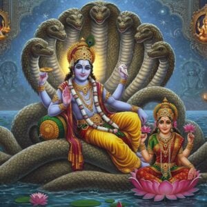 A majestic portrayal of Lord Vishnu reclining on the coils of the cosmic serpent Shesha Nag over the celestial ocean of milk, rendered in a fusion of traditional Indian and modern digital art. The four-armed deity radiates a divine golden aura, wearing a golden crown adorned with precious gems. In his upper right hand he holds the Sudarshan Chakra, upper left hand holds the conch shell Panchajanya, lower right hand holds the mace Kaumodaki, and lower left hand holds a lotus flower. He wears yellow silk pitambara vastra, adorned with intricate gold jewelry including the Kaustubha gem on his chest. The seven-headed Shesha Nag creates a protective canopy above, each hood detailed with intricate scales in emerald and sapphire hues. Goddess Lakshmi sits at his feet, dressed in red silk with gold embellishments, performing seva. The cosmic ocean shimmers with ethereal blue light and floating lotus flowers. The background features a massive ornate mandala in gold and peacock blue, with subtle representations of his ten avatars embedded within its patterns. The scene is illuminated by soft, divine light creating a dreamy, spiritual atmosphere, with hints of glowing particles and subtle rainbow prisms in the air.