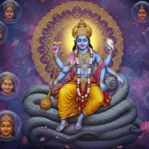 A serene, ethereal portrayal of Lord Vishnu floating in a cosmic dreamscape, reclining on the coils of the divine serpent Shesha with his four arms holding his iconic symbols - Sudarshan Chakra in upper right hand glowing with divine energy, conch shell in upper left radiating sacred vibrations, lotus flower in lower right, and mace in lower left. His skin is cosmic blue with a peaceful expression, adorned with a golden crown studded with precious gems, Kaustubha mani on his chest, and rich gold ornaments. He wears a yellow dhoti and red uttariya flowing mystically. Behind him, a massive golden mandala forms a halo, surrounded by swirling cosmic energies in deep purples and blues. Multiple dreaming faces of diverse Indian people float in translucent bubbles around him, their expressions peaceful. Ethereal lotus flowers float in the space, emanating soft light. The entire scene is rendered in a blend of traditional Pattachitra art style with modern digital aesthetics, featuring intricate patterns and a rich color palette of deep blues, royal purples, and lustrous golds. Translucent sacred symbols and yantra patterns float in the background, creating a mystical atmosphere.