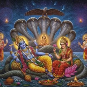 A majestic scene depicting Lord Vishnu reclining on the coils of the cosmic serpent Shesha Nag in the celestial ocean of milk (Kshira Sagara), rendered in a blend of traditional Indian and modern digital art style. Lord Vishnu has four arms - upper right hand holding the Sudarshan Chakra, upper left hand holding the conch shell, lower right hand holding the mace, and lower left hand holding a lotus flower. He wears a golden pitambara, elaborate crown with precious gems, and divine ornaments. Goddess Lakshmi sits at His feet, dressed in a red silk saree with gold border, performing seva with lotus flowers. Garuda, the divine eagle mount, majestically hovers above with spread wings, casting a protective shadow. The scene includes other family members - Lord Brahma emerging from a lotus from Vishnu's navel, and attendants like Jaya-Vijaya at the periphery. The composition features intricate Madhubani-style patterns in the background, with swirling cosmic energies in deep blues and purples. Soft golden light emanates from Vishnu's form, creating an ethereal atmosphere. The overall scene is framed by ornate mandala patterns and floating lotus flowers, with subtle symbols like the Vaishnava tilak and sacred tulsi leaves integrated into the design.