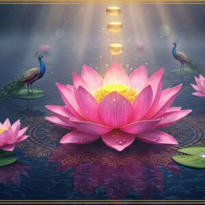 A magnificent pink lotus flower emerges from dark blue sacred waters, its petals detailed with intricate Madhubani-style patterns in gold. The center of the lotus glows with divine light, emanating golden rays. Multiple stages of lotus blooming are shown - from closed bud to full bloom, arranged in a spiral pattern. Sacred geometric mandala patterns ripple across the water surface in metallic copper tones. Floating around the main lotus are smaller blooms in pastel pink and white, with water droplets that sparkle like diamonds. Two peacocks with elaborate feathers in jewel tones perch on lotus leaves. The scene is backlit by a rising sun creating a ethereal atmosphere with mist over the water. Soft beams of light filter through the mist, creating rainbow prisms. The water reflects the entire scene like a mirror, creating perfect symmetry. The art style combines hyperrealistic botanical details with traditional Indian artistic elements, rendered in a modern digital aesthetic with dramatic lighting and rich textures. All elements are arranged in golden ratio proportions.