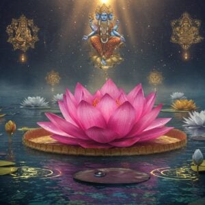 A breathtaking lotus pond at sunrise, where a giant, photo-realistic pink lotus flower emerges from dark waters, its petals gradually transitioning from closed at the bottom to fully bloomed at the top showing the stages of growth. The center lotus is surrounded by smaller golden and white lotuses in various stages of bloom. Crystal-clear water droplets on the petals catch the morning light, creating rainbow prisms. Ethereal rays of light pierce through a misty atmosphere, illuminating floating mandalas in the air. In the background, intricate Madhubani-style patterns in deep indigo and gold form abstract representations of Lord Brahma, Lord Vishnu, and Goddess Lakshmi. The water reflects a combination of rich jewel tones - deep blues, magentas, and emerald greens, with subtle golden ripples. Sacred geometric patterns emerge from the water as golden light lines. Smaller lotus buds around the main flower have aura-like glows in soft pastel hues. The scene is rendered in a hyper-realistic style with magical realism elements, shot from a slightly low angle to emphasize grandeur. Highly detailed, cinematic lighting, volumetric fog, photorealistic textures --ar 16:9