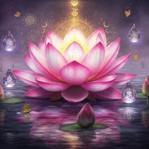 A magnificent lotus flower emerges from dark waters, its petals layered in shades of pink and white, with intricate Madhubani-style patterns on each petal. Golden light emanates from its center, creating a ethereal glow. The lotus is surrounded by sacred geometric mandala patterns in gold and peacock blue floating in the air. Droplets of water, rendered as crystalline spheres, hover around the flower, each containing miniature reflections of different Hindu symbols. The water below reflects cosmic elements - stars, moons, and subtle Sanskrit symbols. Small butterflies with wings decorated in traditional Pattachitra art patterns flutter nearby. The scene is set in a dreamy atmosphere with soft mist in shades of pastel purple and turquoise. Multiple smaller lotus buds in various stages of blooming emerge from the water, symbolizing spiritual growth. The overall composition maintains a vertical symmetry, with the main lotus positioned slightly off-center. The art style combines photorealistic details with ethereal Indian traditional art elements, hyperdetailed, cinematic lighting, volumetric god rays, shot in high resolution --ar 2:3