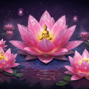 A magnificent pink lotus flower emerging from dark waters, its petals crystalline and ethereal with intricate Madhubani-style patterns in gold. The central lotus is surrounded by smaller lotuses in various stages of bloom, creating a mesmerizing spiral pattern. Glowing orbs of light float around the flowers, casting a divine radiance. The scene incorporates elements from different cultures - a Buddha statue in meditation pose on one lotus, Lord Brahma seated on another, and Egyptian hieroglyphs subtly etched in the water ripples. The water reflects a mandala pattern in peacock blue and deep purple. Sacred geometry patterns in metallic gold interweave through the composition. Traditional Indian henna-style details adorn the lotus petals. The background features a gradient from deep indigo to soft rose gold, with delicate Sanskrit symbols floating like mist. The overall composition is dreamy and surreal, with a photorealistic quality enhanced by digital art techniques. Small droplets of water on the petals catch and reflect light like diamonds. The scene captures both the physical beauty and spiritual significance of the lotus in various cultures.