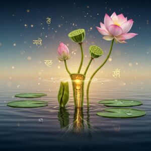 A stunning, anatomically accurate lotus plant emerging from serene waters, its cross-section revealed in a magical, ethereal style. The plant showcases different growth stages simultaneously - from closed buds to fully bloomed pink-white flowers. The stem's internal structure is visible through a translucent golden glow, displaying nodes, air channels, and fibrous tissues. In the water below, the rhizome system spreads with detailed root structures. Floating leaves in various stages show the characteristic water-repelling surface with visible microscopic patterns. The background features a soft gradient of dawn colors - gentle blues, lavenders, and gold. Small water droplets hover like crystals, catching light. Delicate Sanskrit symbols float ethereally around the plant. The scene is rendered in a fusion of scientific precision and traditional Indian Madhubani art style, with intricate patterns and rich jewel tones. Subtle golden mandalas float in the background. The lighting is dramatic yet soft, highlighting the plant's sacred geometry and natural engineering.
