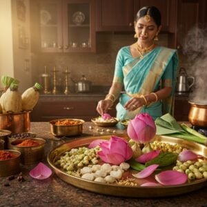 A stunning Indian kitchen scene with a traditional brass thali as the centerpiece, featuring vibrant lotus parts arranged artistically - pink lotus petals, crisp green stems, and ivory lotus seeds. A graceful Indian woman in a pastel blue silk saree with gold border stands preparing food, her hands elegantly working with lotus ingredients. The kitchen combines modern and traditional elements with copper and brass utensils, granite countertops, and warm wooden accents. Soft golden sunlight streams through a window, creating a warm, inviting atmosphere. In the background, there's a subtle Madhubani-style wall art featuring lotus motifs in deep maroon and peacock blue. The scene includes carefully arranged spices in brass spice boxes, fresh lotus roots in a copper vessel filled with water, and steam rising from a modern cooking pot. The lighting is warm and diffused, creating an appetizing and welcoming ambiance. Photorealistic digital art style with attention to texture and detail, especially on the lotus ingredients. The color palette focuses on warm golds, soft greens, and gentle pink tones.