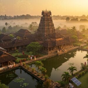 A majestic aerial view of Madhur Temple complex at golden hour, with its distinctive Kerala-style architecture featuring copper-plated roofs and intricate wooden carvings. The temple's reflection shimmers in a serene lotus pond in the foreground. Modern guest houses with traditional Kerala architecture seamlessly blend into the landscape, surrounded by lush coconut palms and flowering gardens. Warm, ethereal lighting bathes the scene, with soft golden rays filtering through morning mist. Several Indian families in contemporary clothing are seen walking on stone pathways, while a few devotees in traditional attire perform pradakshina around the temple. The scene includes modern amenities like solar panels on guest house roofs, well-lit pathways, and a clean, organized parking area, all harmoniously integrated into the sacred atmosphere. The color palette focuses on deep browns, burnished copper, forest greens, and touches of gold, rendered in a style mixing traditional Malayali art with modern digital aesthetics. Intricate mandala patterns and lotus motifs float subtly in the misty background, creating a mystical ambiance. The overall composition suggests both spiritual sanctity and modern comfort.