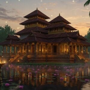 A majestic South Indian temple with traditional Malayali architecture rising against a mystical dawn sky, featuring a two-tiered golden roof with ornate copper work and intricate wooden carvings. The temple structure reflects in a serene pond filled with pink lotus flowers. The main shrine exhibits detailed Keralan architectural elements with sloped roofs, rich wood carvings of deities and mythological scenes, and brass-covered pillars. Multiple oil lamps illuminate the temple's facade, creating a warm golden glow. The foreground shows traditional Kerala-style stone deepastambhas (lamp posts) with burning flames. Intricate Madhubani-style patterns decorate the temple walls in deep maroon and gold. Peaceful coconut palms frame the temple, their leaves catching the first rays of sunrise. The scene has a magical quality with subtle floating light orbs and a soft mist around the base. The color palette focuses on deep golds, rich browns, terracotta reds, and forest greens, with accents of peacock blue in the architectural details. Hyperrealistic digital art style with attention to architectural accuracy and traditional Kerala temple elements.