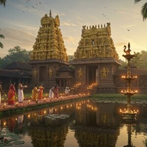 A magnificent ancient temple complex in South Indian Dravidian architecture style, with intricate golden-hued gopuram adorned with detailed sculptures of deities and mythological scenes. The temple's reflection shimmers in a serene lotus pond in the foreground. Traditional Kerala-style brass oil lamps (nilavilakku) line the pathway, their flames creating a warm, ethereal glow. Local devotees in traditional attire (men in white mundu, women in kasavu sarees) perform ritual offerings. Elaborate rangoli patterns with flower petals decorate the entrance. The scene is bathed in dawn's golden light, with subtle mist adding mystical atmosphere. Towering coconut palms frame the temple. Intricate Madhubani-style patterns overlay the scene, featuring peacocks, lotus motifs, and geometric designs in deep maroon, saffron, and peacock blue. The art style combines hyperrealistic architectural details with ethereal lighting and traditional Indian art elements. The temple's brass-plated dhwajastambham (flagpost) gleams in sunlight, while sacred tulsi plants and temple bells complete the sacred atmosphere.