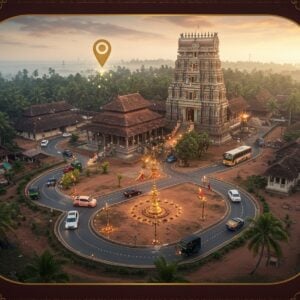 A serene aerial view of Madhur Temple complex in Kerala, rendered in rich Madhubani-inspired art style, with intricate gold and saffron patterns. The temple's distinctive Kerala-style architecture with copper-plated roof shimmers in soft morning light. Multiple pathways marked by traditional brass oil lamps lead to the temple from different directions, creating a beautiful mandala-like pattern. Modern cars, buses, and auto-rickshaws in minimal digital art style flow along these paths. The scene is surrounded by lush coconut palms and traditional Kerala houses. A subtle golden GPS navigation arrow hovers ethereally in the sky, emanating soft particles of light. The color palette combines deep maroons, peacock blues, and gold with modern pastel highlights. Floating lotus flowers and geometric mandalas frame the corners of the scene. The overall composition balances traditional architectural elements with contemporary transportation, all unified by glowing spiritual energy and surreal lighting effects.