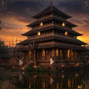 A majestic ancient Indian temple with traditional Kerala architectural style, featuring a multi-tiered copper-plated roof with intricate carvings, set against a dramatic sunset sky with deep oranges and purples. In the foreground, two skilled artisans in traditional Kerala attire (mundu and angavastram) carefully restore detailed wooden carvings using traditional tools. Golden divine light streams through the temple windows. The scene includes scaffolding partially covering one side of the temple, draped with traditional red cloth. Detailed teak wood structures and brass temple lamps are visible. A peaceful temple pond reflects the structure, surrounded by coconut palms and tropical foliage. Small oil lamps illuminate the temple steps. Intricate Madhubani-style patterns frame the scene, incorporating traditional Kerala motifs like elephant and lotus designs. The lighting is warm and ethereal, with soft glowing highlights on the copper roof. The art style combines photorealistic architectural details with mystical, surreal elements, rendered in rich, deep colors of gold, copper, and deep blues. The entire scene emanates a sense of reverence and timeless preservation.
