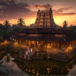 A magnificent aerial view of Madhur Temple during golden hour, showcasing its distinctive Kerala-style architecture with multiple copper-plated roofs and golden finials against a dramatic sky with soft pink and orange clouds. The temple is nestled among lush coconut palms and surrounded by traditional Kerala-style lamp posts (vilakkumadam) illuminated with warm golden light. A serene water body in front perfectly reflects the temple structure. The scene features intricate Madhubani-style decorative borders with peacocks and lotus motifs. The temple's famous brass bell is prominently visible, with subtle divine light rays emerging from behind the temple. In the foreground, devotees in traditional Kerala attire are seen climbing the ancient stone steps. The entire composition is rendered in a sophisticated digital art style with rich, deep colors of maroon, gold, and peacock blue, maintaining photorealistic details while incorporating ethereal lighting effects and mystical elements. The atmosphere suggests both historical grandeur and spiritual tranquility, with soft glowing halos around the temple spires.