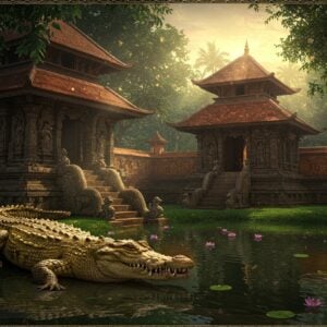 An ancient stone temple in Kerala architectural style with intricate carvings, surrounded by lush greenery and a sacred pond in the foreground. A majestic golden-scaled crocodile, adorned with traditional temple jewelry and kumkum marking on its head, peacefully rests near the temple steps. The water surface reflects golden ripples and floating lotus flowers. In the background, a soft ethereal glow emanates from the temple sanctum, creating a mystical atmosphere. The scene incorporates Madhubani-style decorative patterns in the borders, featuring traditional Kerala motifs and symbols. The lighting is dramatic with warm golden sunrays filtering through tropical trees, casting intricate shadows on the temple walls. The color palette includes deep maroons, peacock blues, and burnished gold, with elements of surreal spiritual energy represented by subtle glowing mandalas in the sky. The temple architecture should be hyper-detailed, showing authentic Kerala-style copper-plated roofs and brass-work, while maintaining a dreamy, mystical quality to the overall composition.