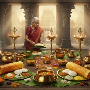 A grand traditional Tamil kitchen scene with an elderly Indian woman in a rich maroon Madisar saree preparing food on banana leaves, illuminated by warm golden light streaming through temple-style windows. In the foreground, an intricately arranged display of authentic Madurai dishes - steaming idlis, golden Kari dosas, vibrant sambar in brass vessels, and traditional Pathinettampadi prasadam items arranged in a circular mandala pattern. The background features architectural elements of Meenakshi Temple's ornate pillars with peacock motifs, with soft ethereal light casting intricate shadows. Floating lotus flowers and delicate spice patterns create a border design inspired by Kolam art. The scene includes brass lamps with glowing flames, banana leaves with traditional meal arrangements, and wisps of aromatic steam rising from the dishes. Style combines hyperrealistic food photography with traditional Tanjore painting elements, deep saturated colors of turmeric yellow, banana leaf green, and temple gold, with a dreamy, spiritual atmosphere enhanced by soft lighting and subtle smoke effects.