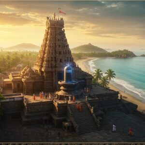 An aerial view of the ancient Mahabaleshwar Temple in Gokarna during sunrise, with golden sunrays illuminating its Dravidian architecture and pristine beaches in the background. The temple's shikhara is intricately detailed with traditional South Indian temple architecture, featuring detailed stone carvings and sculptures. A massive Shiva Lingam emanates a divine aura in ethereal blue light from within the temple structure. The foreground shows pilgrims in traditional attire walking up the temple steps. The scene is framed by coconut palms and the Arabian Sea's turquoise waters meeting the shore in a crescent shape. Soft morning mist adds mystical atmosphere, with hints of incense smoke curling in the air. The color palette includes deep browns of ancient stone, gold of sunrise, turquoise of the sea, and rich earth tones. The art style combines hyperrealistic architectural details with ethereal lighting and traditional Indian artistic elements, incorporates Dravidian architectural motifs and mandala patterns in the border. The scene should have a cinematic wide-angle perspective with atmospheric depth, rendered in high-detail digital art style.