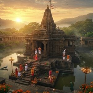 A majestic aerial view of Mahabaleshwar Temple during sunrise, with golden rays illuminating its ancient Dravidian architecture, featuring intricate stone carvings and a towering shikhara against misty Western Ghats mountains. The temple complex reflects in a sacred water body, surrounded by lush green forests and flowering marigold gardens. In the foreground, devotees in traditional Maharashtra attire (men in white kurta-dhoti, women in nawari sarees) climb the stone steps with offering thalis containing red hibiscus flowers, coconuts, and oil lamps. Soft morning fog swirls around the temple base, while peacocks dance in the courtyard. The scene combines hyperrealistic architectural details with ethereal lighting effects, creating a mystical atmosphere. The color palette includes deep browns of ancient stone, forest greens, morning sky oranges, and touches of gold. Small oil lamps create points of warm light throughout the scene. Art style merges traditional Pattachitra patterns in the sky with modern digital photography aesthetics, emphasizing both the temple's historical significance and its contemporary relevance.