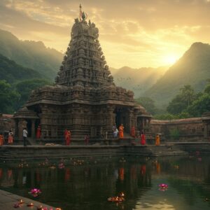 A majestic ancient Shiva temple nestled in the Western Ghats, illuminated by golden sunrise rays piercing through morning mist. The temple architecture features intricate Dravidian style with detailed stone carvings of deities and mythological scenes. The main shikhara tower rises dramatically against a backdrop of lush green mountains. In the foreground, a serene pool reflects the temple's image, surrounded by stone steps (ghats) where devotees gather. Floating lotus flowers and diyas dot the water surface. The scene captures both modern Indian tourists in casual wear and traditional pilgrims in ethnic attire approaching the temple. The lighting creates a mystical atmosphere with soft golden glow highlighting the temple's stone work, while morning fog adds depth to the mountain backdrop. The color palette includes deep greys of ancient stone, rich greens of the surrounding forest, warm golds of sunrise, and pops of color from traditional clothing and flowers. Rendered in a style blending photorealistic architecture with ethereal lighting and traditional Indian art elements, emphasizing the spiritual significance while maintaining modern appeal.