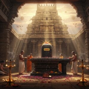 A majestic ancient stone temple with intricate Dravidian architecture rising against a mystical dawn sky, its shikhara adorned with detailed stone carvings of deities and mythological scenes. The temple houses a naturally formed Shiva lingam made of black stone, emanating a divine golden aura. The foreground features devotees in traditional Indian attire performing abhishekam with milk and water flowing down the lingam. Scattered rose petals and burning brass oil lamps create warm pools of light. The temple walls show detailed Madhubani-style murals depicting scenes from Shiva Purana in rich colors of deep maroon, gold, and peacock blue. Streams of sunlight filter through ornate pillars, creating dramatic light beams. The atmosphere is enhanced by floating mandala patterns, swirling incense smoke, and ethereal golden particles. The composition should capture both the temple's historical grandeur and its spiritual energy, with hyperrealistic rendering mixed with subtle supernatural elements. Style: Modern digital art with traditional Indian art influences, emphasizing photorealistic architecture with mystical lighting effects.