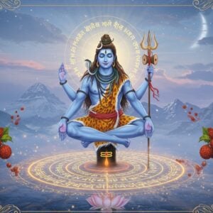 A serene visualization of Lord Shiva in deep meditation, floating above a cosmic lotus mandala. He has three eyes with the third eye prominently glowing, four arms holding a trident, damaru, rudraksha mala, and blessing mudra. His form emanates a soft blue aura merging with ethereal mist. Around him, three concentric circles of sacred Sanskrit vibrations in golden light, representing the three aspects of the Mahamrityunjaya mantra. The background features a subtle Himalayan landscape with Mount Kailash, rendered in soft pastel blues and purples. Sacred healing herbs like rudraksha and bilva leaves float gracefully in the foreground. The scene is illuminated by moonlight streaming through clouds, creating divine light rays. Intricate Madhubani-style patterns in gold accent the corners. The overall composition balances traditional iconography with modern digital art techniques, emphasizing healing energy and spiritual transformation. Hyperrealistic details in Shiva's matted locks, ornaments, and the cosmic elements, with a dreamy, mystical atmosphere enhanced by particle effects and subtle lens flares.