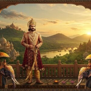 A majestic Indian king in royal attire standing atop an ornate balcony of Ujjayanta Palace, wearing a golden crown adorned with precious gems and elaborate jewelry. He's dressed in rich silk robes in deep maroon and gold, holding a ceremonial sword in his right hand and royal scepter in left. Behind him, a stunning backdrop of ancient Tripura kingdom with lush green hills, traditional Bengali-style temples, and flowing Gomati river. The scene is illuminated by warm golden sunset light creating dramatic shadows. Intricate Madhubani-style borders frame the composition with traditional Tripura tribal motifs and patterns. The foreground features royal elephants decorated with traditional howdahs and ceremonial decorations. Floating lotus flowers and subtle mandalas in peacock blue and gold add spiritual elements. The art style combines hyperrealistic digital rendering with traditional Indian art elements, creating a rich, detailed scene with mystical atmosphere. The lighting emphasizes the royal grandeur with soft glowing highlights and deep shadows.